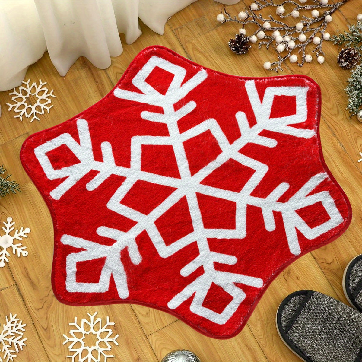 Christmas Snowflake Bathroom Rug Red Snowflake Welcome Non Slip Mat Washable Kitchen Tub Rug for Christmas New Year Party Holiday Home Decorations