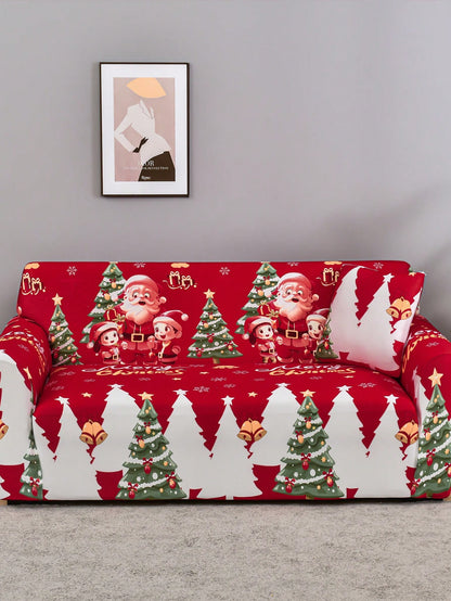 1pc Santa Claus Printed Elastic Spandex Milk Silk Sofa Cover + 1pc 42*42cm Pillow Cover, Christmas Red