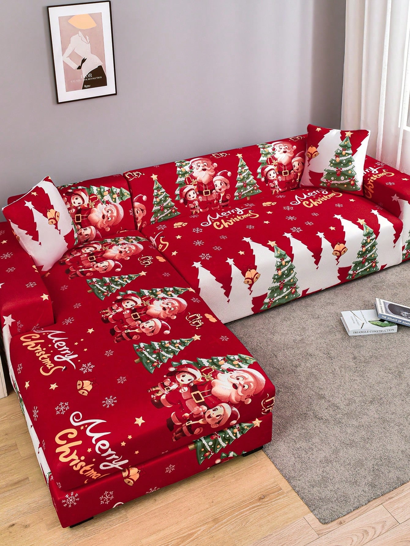 1pc Santa Claus Printed Elastic Spandex Milk Silk Sofa Cover + 1pc 42*42cm Pillow Cover, Christmas Red