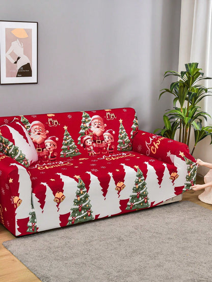 1pc Santa Claus Printed Elastic Spandex Milk Silk Sofa Cover + 1pc 42*42cm Pillow Cover, Christmas Red