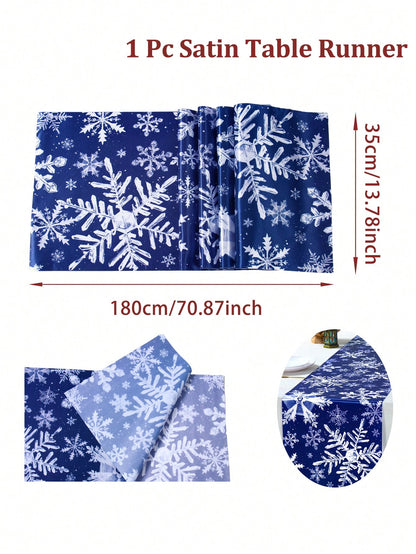 1pc 35*180cm Christmas Snowflakes Design Satin Tablecloth Table Runners, Blue Background Table Runnner Perfect For Decorating Family Christmas Party, 2024 Xmas Decor, New Year 2025 Decor Table Cover, Christmas Blue