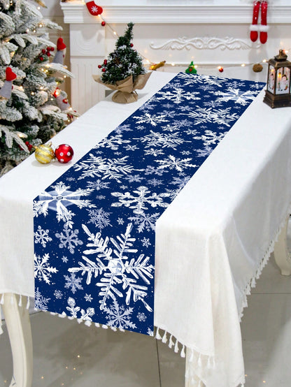 1pc 35*180cm Christmas Snowflakes Design Satin Tablecloth Table Runners, Blue Background Table Runnner Perfect For Decorating Family Christmas Party, 2024 Xmas Decor, New Year 2025 Decor Table Cover, Christmas Blue