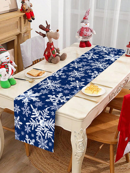 1pc 35*180cm Christmas Snowflakes Design Satin Tablecloth Table Runners, Blue Background Table Runnner Perfect For Decorating Family Christmas Party, 2024 Xmas Decor, New Year 2025 Decor Table Cover, Christmas Blue