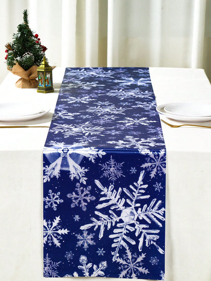 1pc 35*180cm Christmas Snowflakes Design Satin Tablecloth Table Runners, Blue Background Table Runnner Perfect For Decorating Family Christmas Party, 2024 Xmas Decor, New Year 2025 Decor Table Cover, Christmas Blue