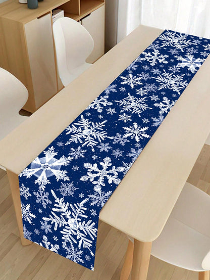 1pc 35*180cm Christmas Snowflakes Design Satin Tablecloth Table Runners, Blue Background Table Runnner Perfect For Decorating Family Christmas Party, 2024 Xmas Decor, New Year 2025 Decor Table Cover, Christmas Blue