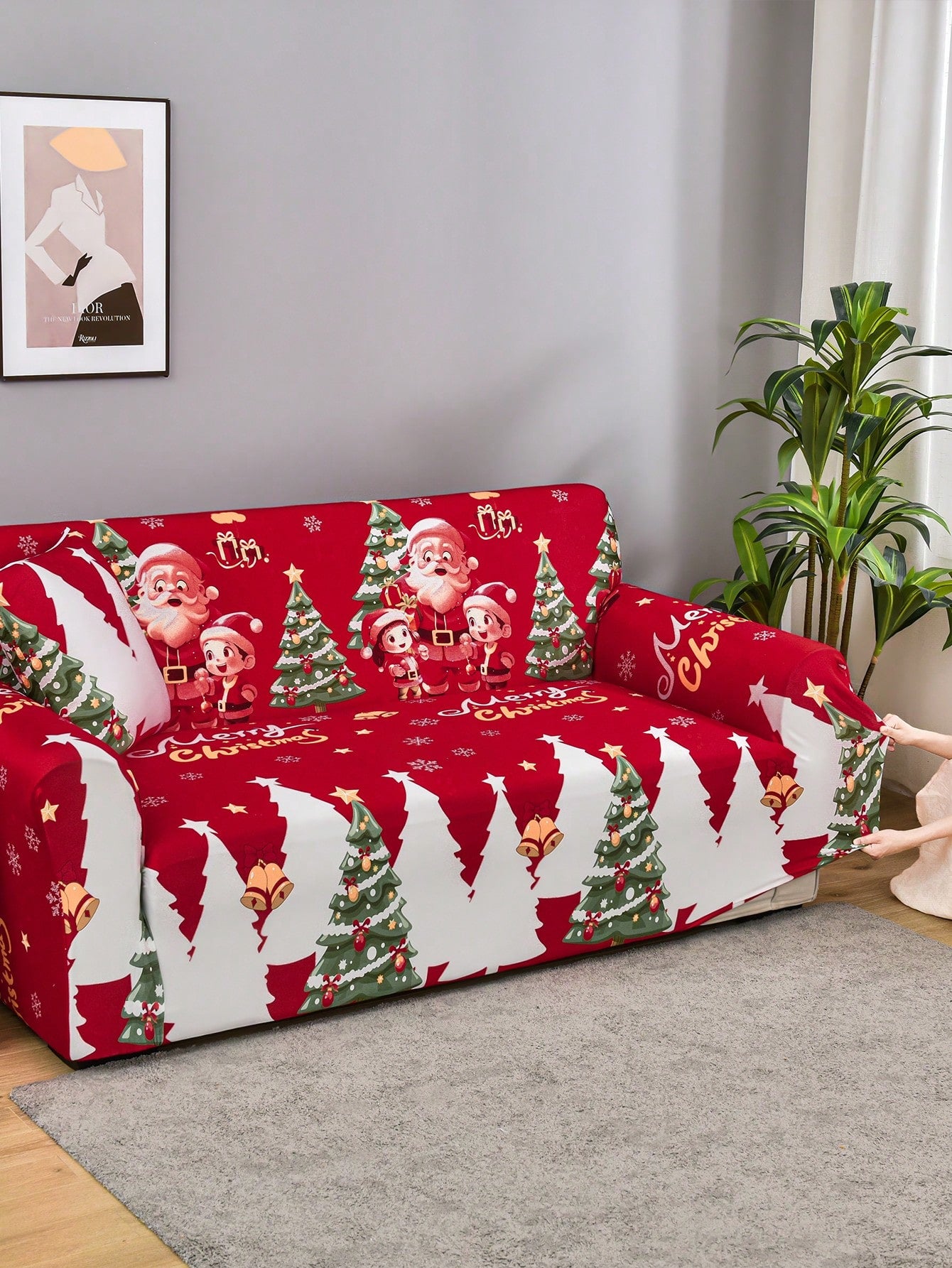 1pc Santa Claus Printed Elastic Spandex Milk Silk Sofa Cover + 1pc 42*42cm Pillow Cover, Christmas Red