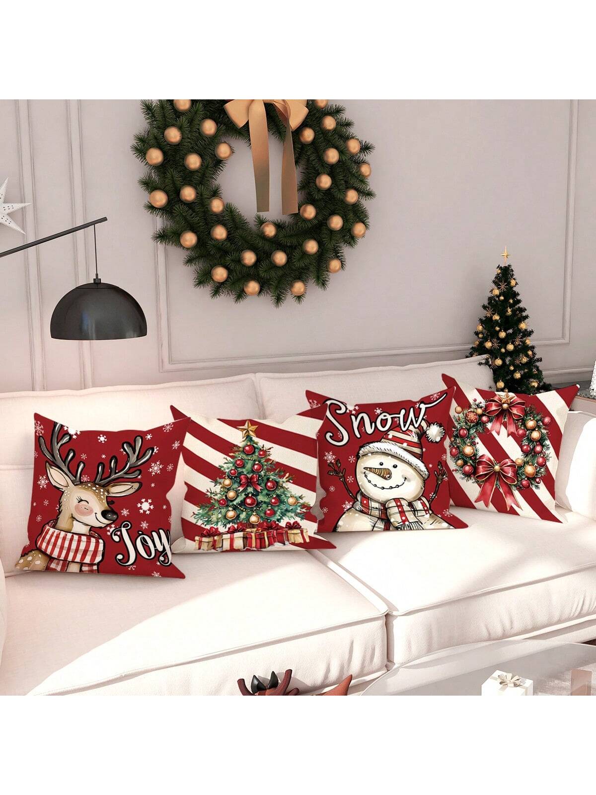 4pcs Velvet Christmas Snowman Christmas Tree Deer Joy Throw Pillow Covers Cute Funny Red Green Cozy Soft Decorative Pillowcases One Sided Printing18in*18in  For Winter Xmas In Living Room Bedroom Sofa Bed Decor Without Pillow Inserts Red