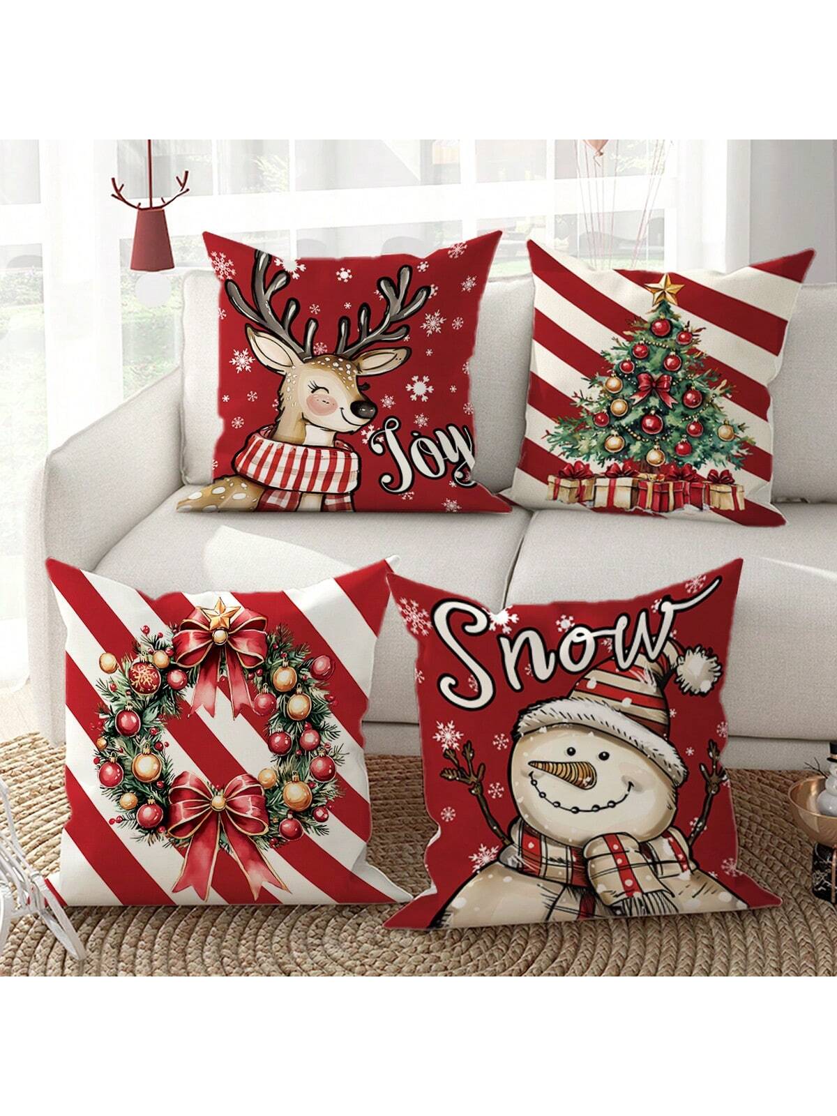 4pcs Velvet Christmas Snowman Christmas Tree Deer Joy Throw Pillow Covers Cute Funny Red Green Cozy Soft Decorative Pillowcases One Sided Printing18in*18in  For Winter Xmas In Living Room Bedroom Sofa Bed Decor Without Pillow Inserts Red