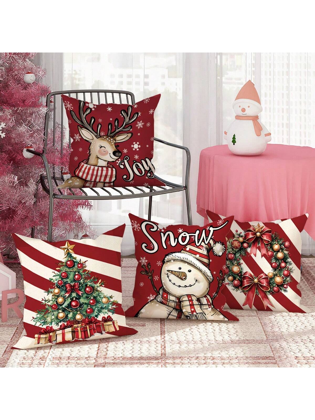 4pcs Velvet Christmas Snowman Christmas Tree Deer Joy Throw Pillow Covers Cute Funny Red Green Cozy Soft Decorative Pillowcases One Sided Printing18in*18in  For Winter Xmas In Living Room Bedroom Sofa Bed Decor Without Pillow Inserts Red