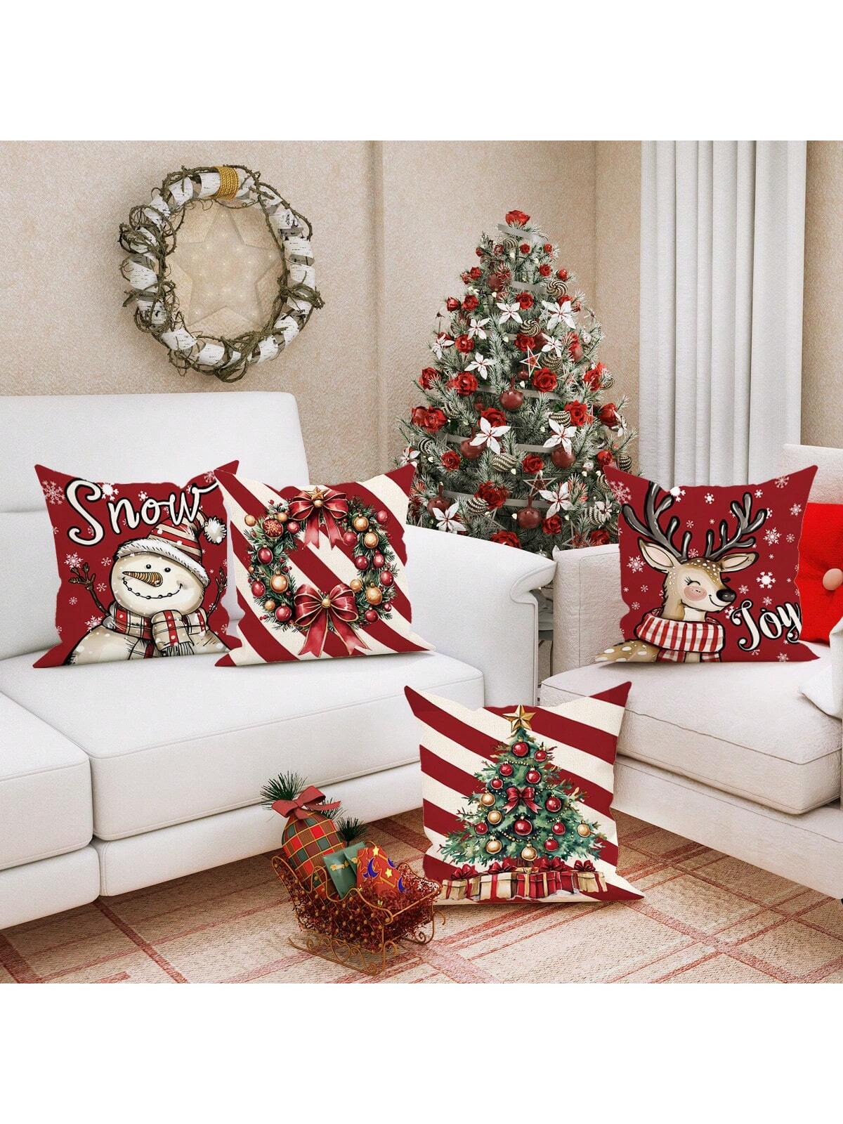 4pcs Velvet Christmas Snowman Christmas Tree Deer Joy Throw Pillow Covers Cute Funny Red Green Cozy Soft Decorative Pillowcases One Sided Printing18in*18in  For Winter Xmas In Living Room Bedroom Sofa Bed Decor Without Pillow Inserts Red