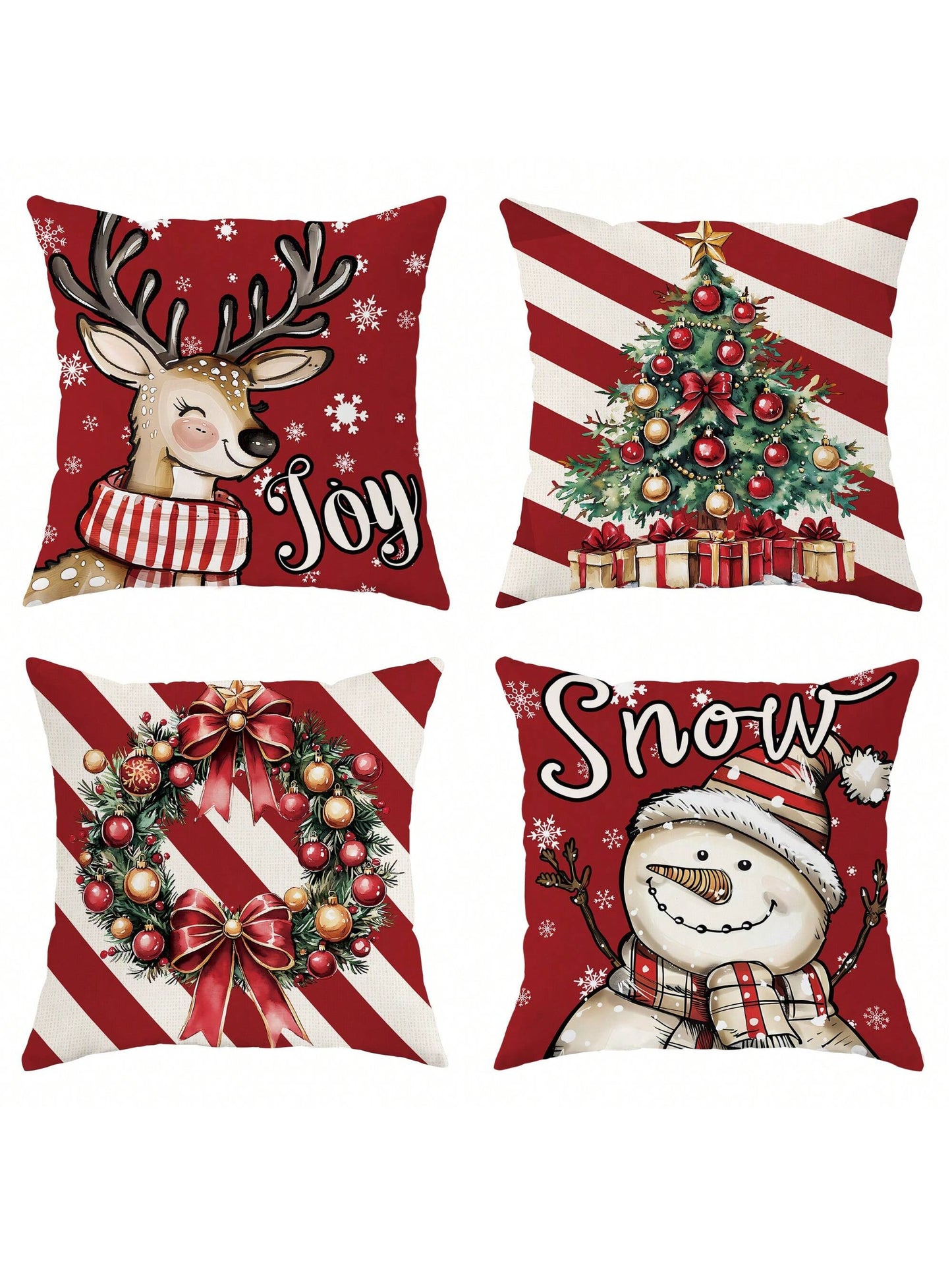 4pcs Velvet Christmas Snowman Christmas Tree Deer Joy Throw Pillow Covers Cute Funny Red Green Cozy Soft Decorative Pillowcases One Sided Printing18in*18in  For Winter Xmas In Living Room Bedroom Sofa Bed Decor Without Pillow Inserts Red