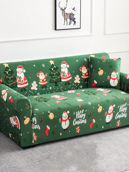 1pc Christmas Ambiance Stretch Full Coverage Sofa Cover, Santa Claus, Christmas Tree, Snowflake Pattern, Modern Polyester Fabric, Machine Washable, Suitable For Christmas Decoration Green