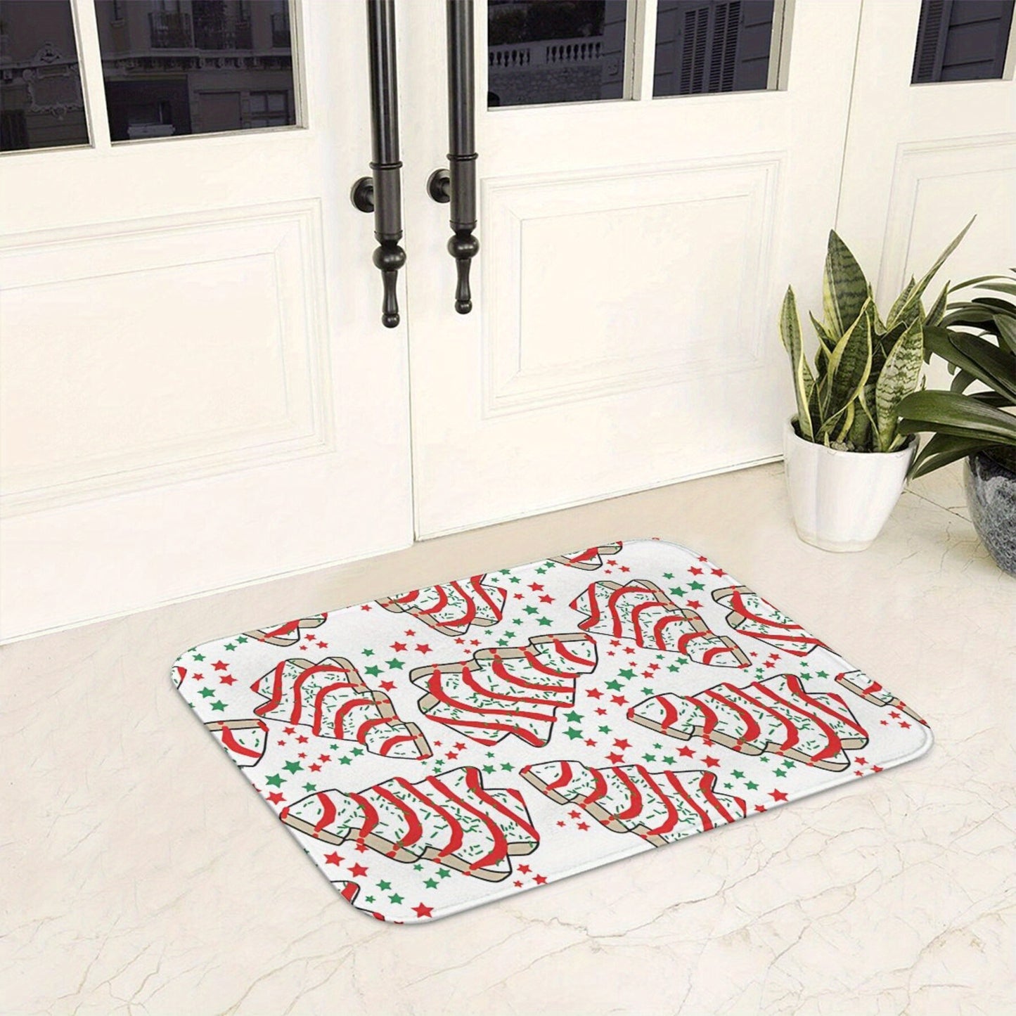 Christmas Tree & Snack Cakes Design - Non-Slip, Machine Washable Bathroom Mat | Lightweight Polyester Home Decor Rug for Bedroom Entrance