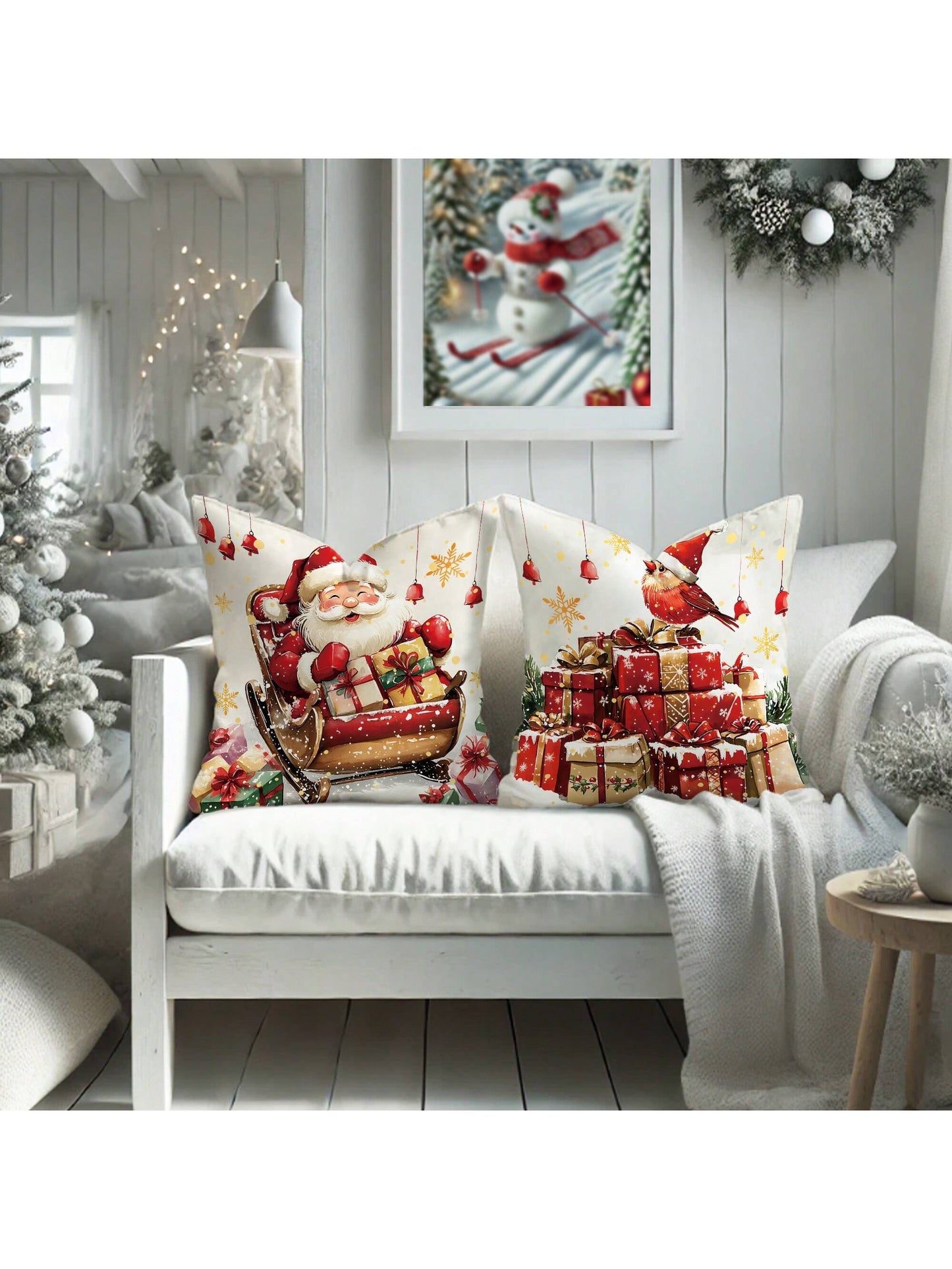 4pcs Christmas Santa Claus Snowman Gift Ball Velvet Throw Pillow Covers Farmhouse Cute Red Green Cosy Soft Decorative Pillowcases One Sided Printing 18in*18in For Xmas Winter Living Room Bedroom Sofa Bed Decor Without Pillow Inserts Red