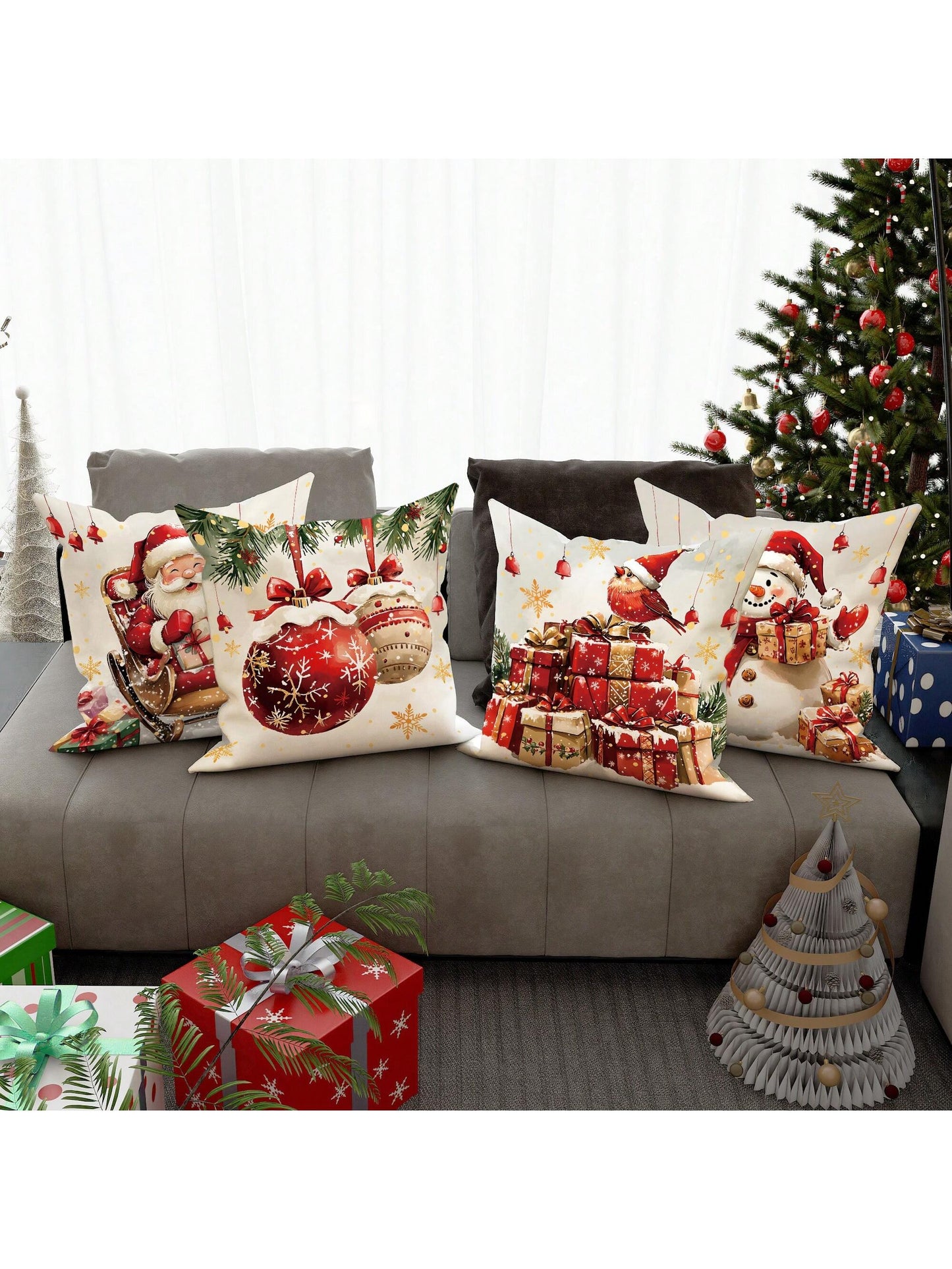 4pcs Christmas Santa Claus Snowman Gift Ball Velvet Throw Pillow Covers Farmhouse Cute Red Green Cosy Soft Decorative Pillowcases One Sided Printing 18in*18in For Xmas Winter Living Room Bedroom Sofa Bed Decor Without Pillow Inserts Red