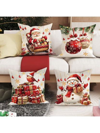 4pcs Christmas Santa Claus Snowman Gift Ball Velvet Throw Pillow Covers Farmhouse Cute Red Green Cosy Soft Decorative Pillowcases One Sided Printing 18in*18in For Xmas Winter Living Room Bedroom Sofa Bed Decor Without Pillow Inserts Red