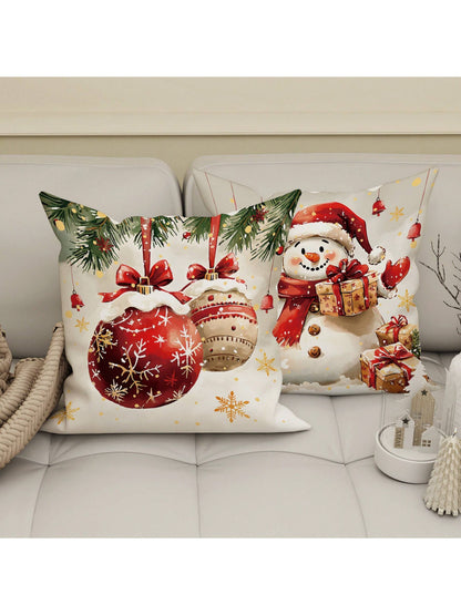 4pcs Christmas Santa Claus Snowman Gift Ball Velvet Throw Pillow Covers Farmhouse Cute Red Green Cosy Soft Decorative Pillowcases One Sided Printing 18in*18in For Xmas Winter Living Room Bedroom Sofa Bed Decor Without Pillow Inserts Red