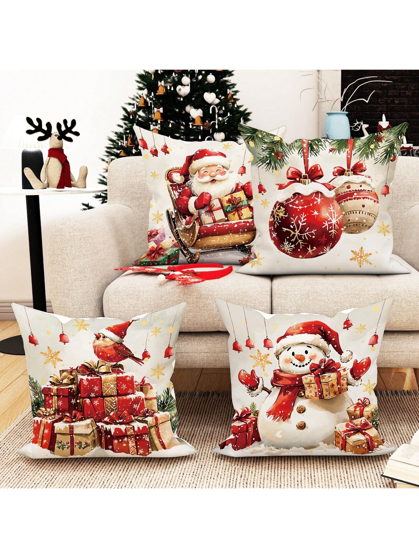 4pcs Christmas Santa Claus Snowman Gift Ball Velvet Throw Pillow Covers Farmhouse Cute Red Green Cosy Soft Decorative Pillowcases One Sided Printing 18in*18in For Xmas Winter Living Room Bedroom Sofa Bed Decor Without Pillow Inserts Red