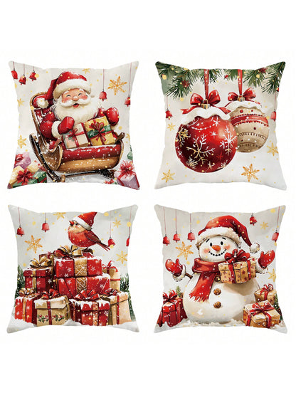 4pcs Christmas Santa Claus Snowman Gift Ball Velvet Throw Pillow Covers Farmhouse Cute Red Green Cosy Soft Decorative Pillowcases One Sided Printing 18in*18in For Xmas Winter Living Room Bedroom Sofa Bed Decor Without Pillow Inserts Red