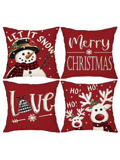 4pcs, Merry Christmas Throw Pillow Covers, Cute Reindeer Snowman Xmas Tree Stripes Print Cushion Covers, 18in*18in, Winter Holiday Farmhouse Home Decor Pillowcases, For Porch Patio Couch Sofa Living Room Outdoor, Set Of 4, Without Pillow Inserts Red