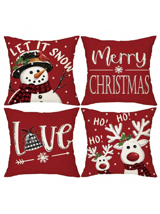 4pcs, Merry Christmas Throw Pillow Covers, Cute Reindeer Snowman Xmas Tree Stripes Print Cushion Covers, 18in*18in, Winter Holiday Farmhouse Home Decor Pillowcases, For Porch Patio Couch Sofa Living Room Outdoor, Set Of 4, Without Pillow Inserts Red