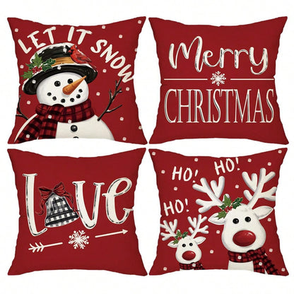 4pcs, Merry Christmas Throw Pillow Covers, Cute Reindeer Snowman Xmas Tree Stripes Print Cushion Covers, 18in*18in, Winter Holiday Farmhouse Home Decor Pillowcases, For Porch Patio Couch Sofa Living Room Outdoor, Set Of 4, Without Pillow Inserts Red