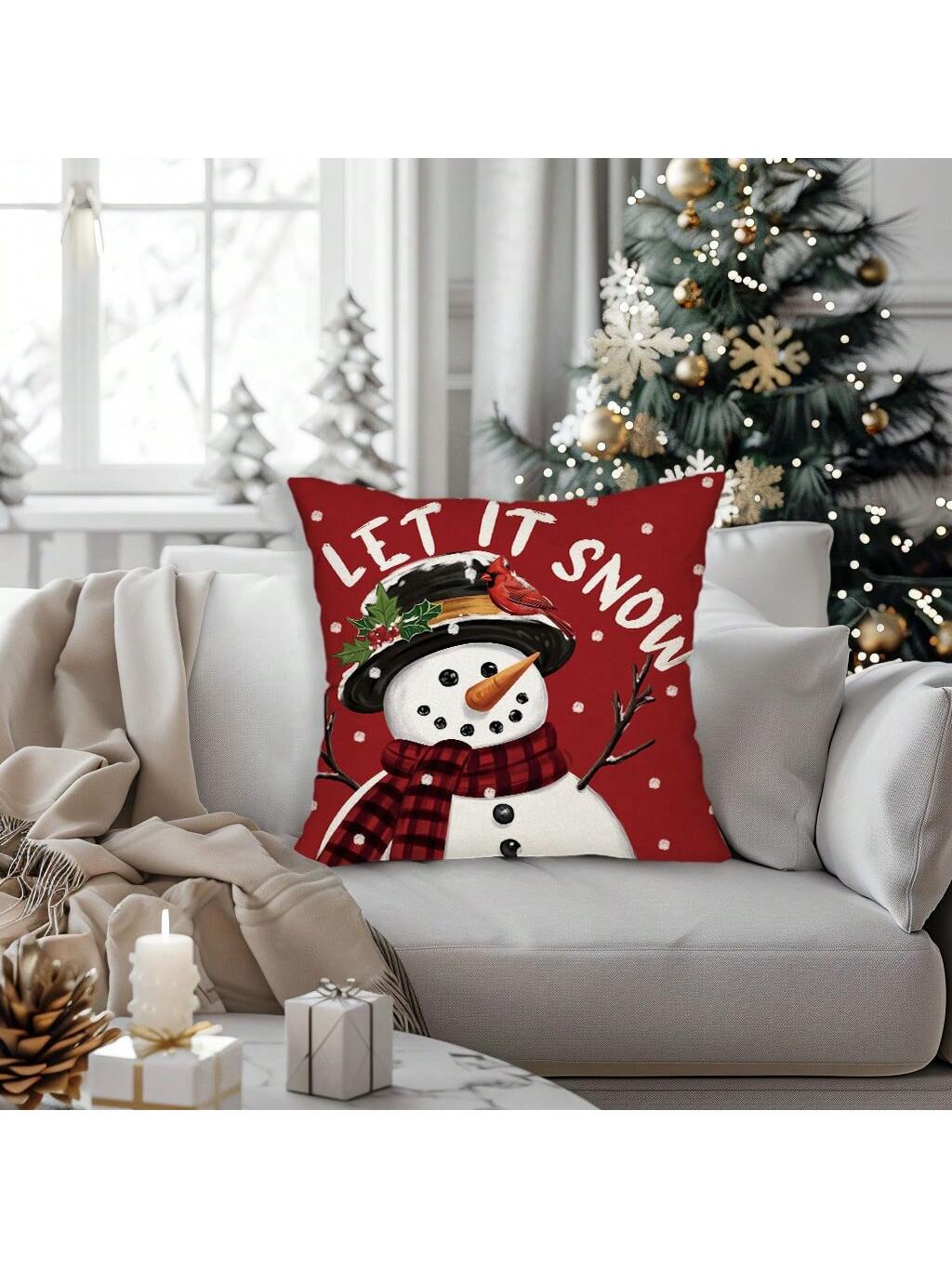 4pcs, Merry Christmas Throw Pillow Covers, Cute Reindeer Snowman Xmas Tree Stripes Print Cushion Covers, 18in*18in, Winter Holiday Farmhouse Home Decor Pillowcases, For Porch Patio Couch Sofa Living Room Outdoor, Set Of 4, Without Pillow Inserts Red