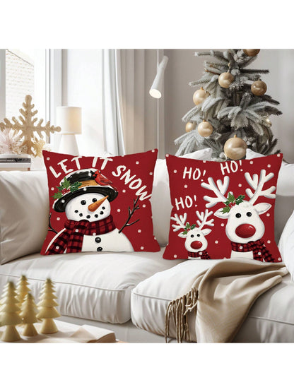 4pcs, Merry Christmas Throw Pillow Covers, Cute Reindeer Snowman Xmas Tree Stripes Print Cushion Covers, 18in*18in, Winter Holiday Farmhouse Home Decor Pillowcases, For Porch Patio Couch Sofa Living Room Outdoor, Set Of 4, Without Pillow Inserts Red