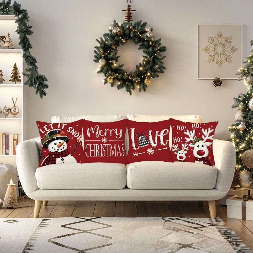 4pcs, Merry Christmas Throw Pillow Covers, Cute Reindeer Snowman Xmas Tree Stripes Print Cushion Covers, 18in*18in, Winter Holiday Farmhouse Home Decor Pillowcases, For Porch Patio Couch Sofa Living Room Outdoor, Set Of 4, Without Pillow Inserts Red