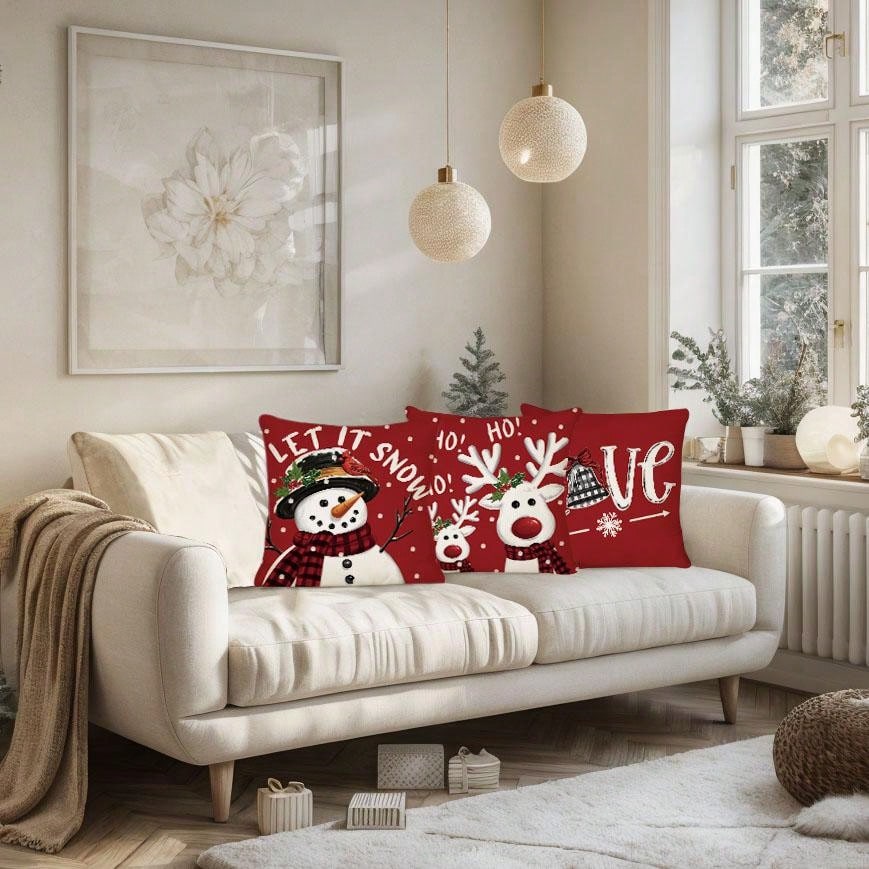 4pcs, Merry Christmas Throw Pillow Covers, Cute Reindeer Snowman Xmas Tree Stripes Print Cushion Covers, 18in*18in, Winter Holiday Farmhouse Home Decor Pillowcases, For Porch Patio Couch Sofa Living Room Outdoor, Set Of 4, Without Pillow Inserts Red