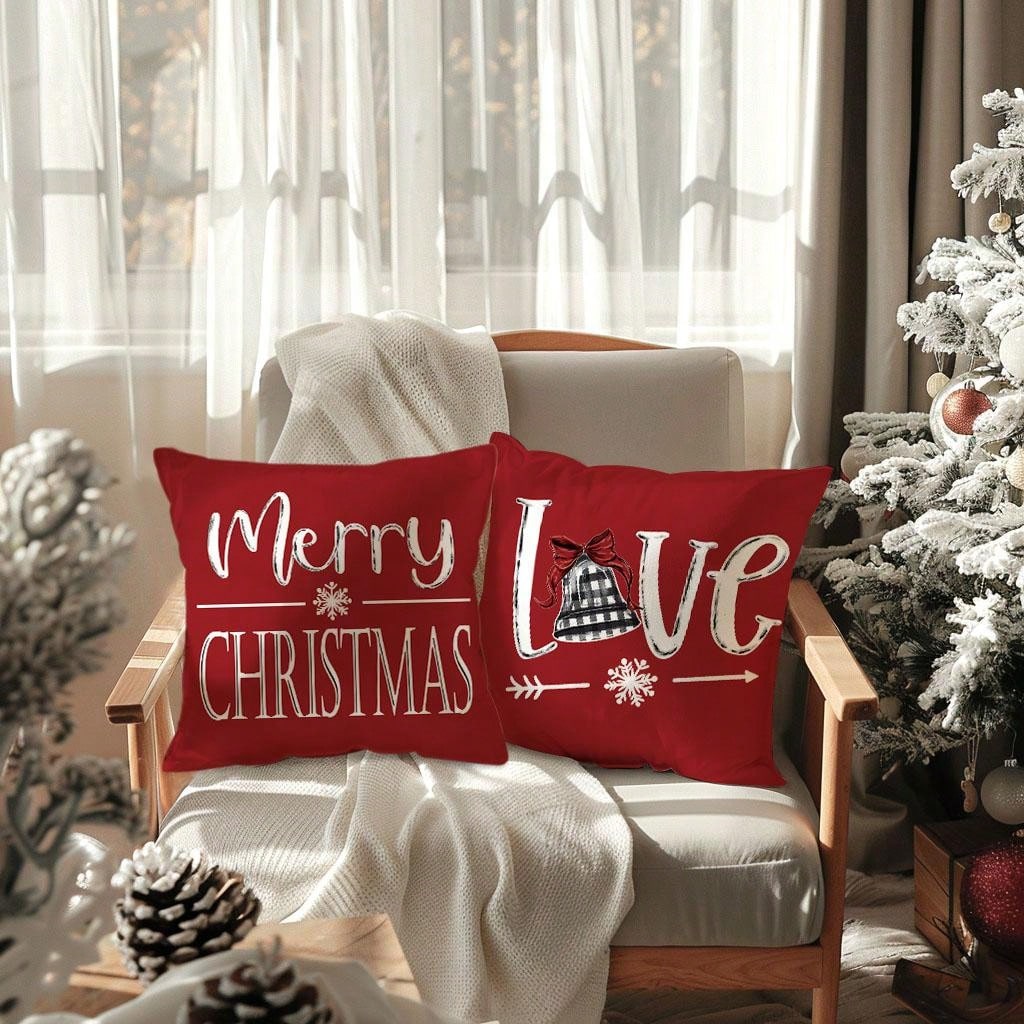 4pcs, Merry Christmas Throw Pillow Covers, Cute Reindeer Snowman Xmas Tree Stripes Print Cushion Covers, 18in*18in, Winter Holiday Farmhouse Home Decor Pillowcases, For Porch Patio Couch Sofa Living Room Outdoor, Set Of 4, Without Pillow Inserts Red