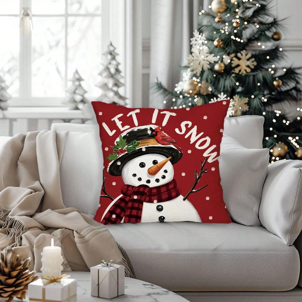 4pcs, Merry Christmas Throw Pillow Covers, Cute Reindeer Snowman Xmas Tree Stripes Print Cushion Covers, 18in*18in, Winter Holiday Farmhouse Home Decor Pillowcases, For Porch Patio Couch Sofa Living Room Outdoor, Set Of 4, Without Pillow Inserts Red