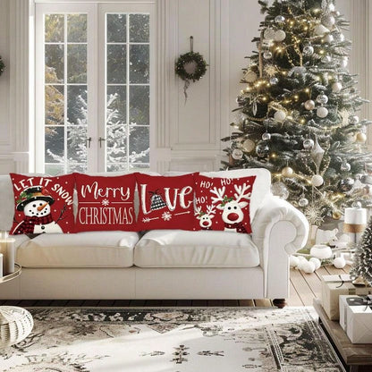 4pcs, Merry Christmas Throw Pillow Covers, Cute Reindeer Snowman Xmas Tree Stripes Print Cushion Covers, 18in*18in, Winter Holiday Farmhouse Home Decor Pillowcases, For Porch Patio Couch Sofa Living Room Outdoor, Set Of 4, Without Pillow Inserts Red