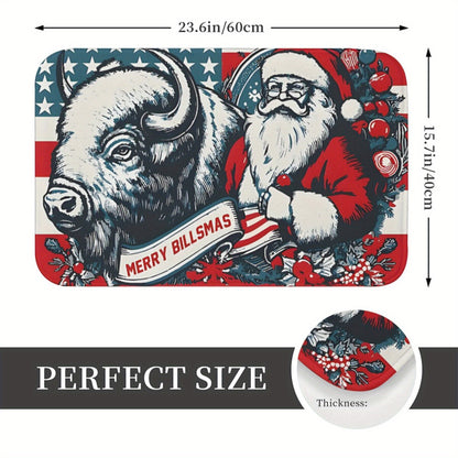 Merry Billsmas Santa & Buffalo Holiday Themed Doormat, Machine Washable, Non-Slip Backing, Polyester, Lightweight, Rectangle, Decorative Home Entrance Bath Mat