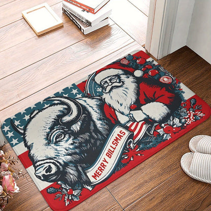 Merry Billsmas Santa & Buffalo Holiday Themed Doormat, Machine Washable, Non-Slip Backing, Polyester, Lightweight, Rectangle, Decorative Home Entrance Bath Mat