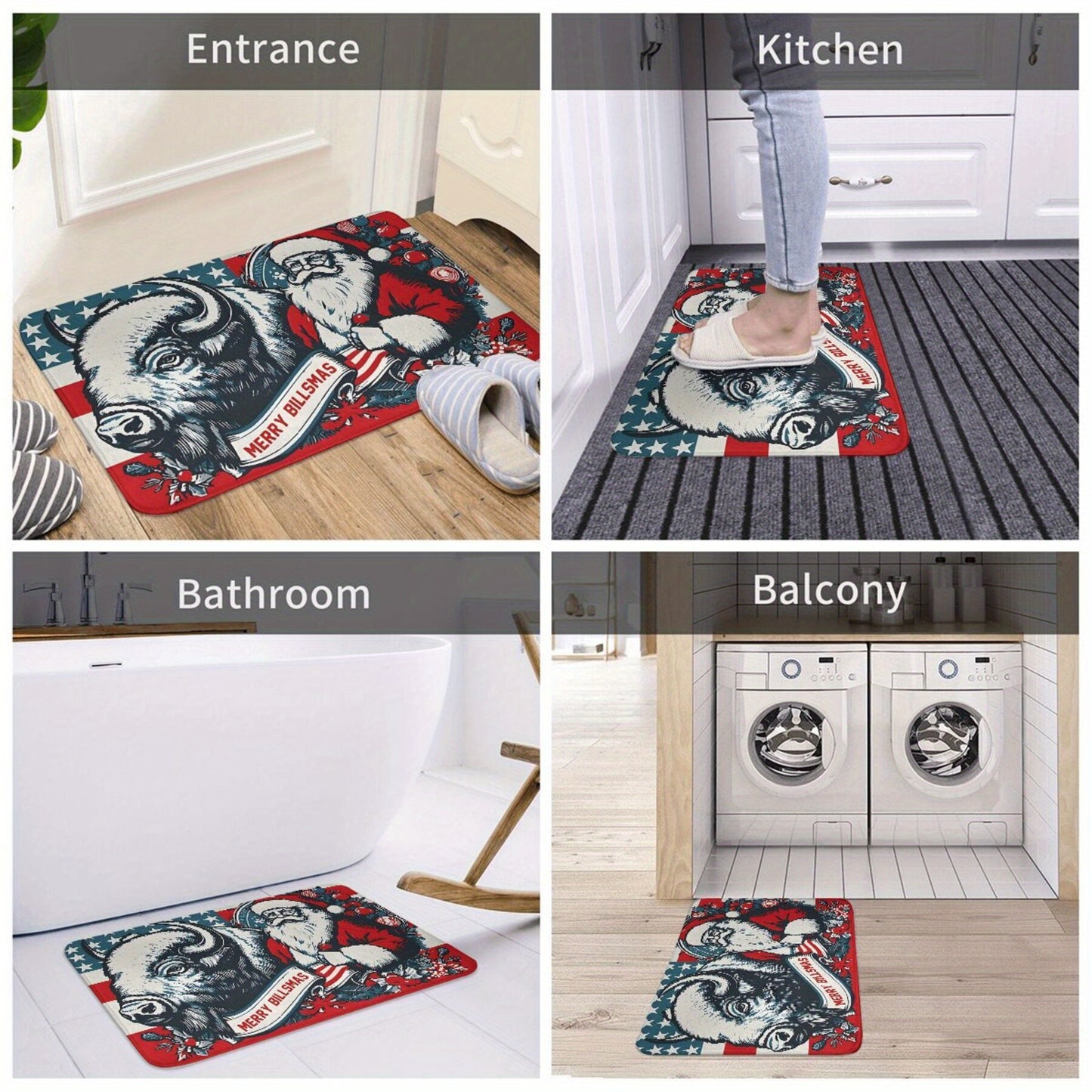 Merry Billsmas Santa & Buffalo Holiday Themed Doormat, Machine Washable, Non-Slip Backing, Polyester, Lightweight, Rectangle, Decorative Home Entrance Bath Mat