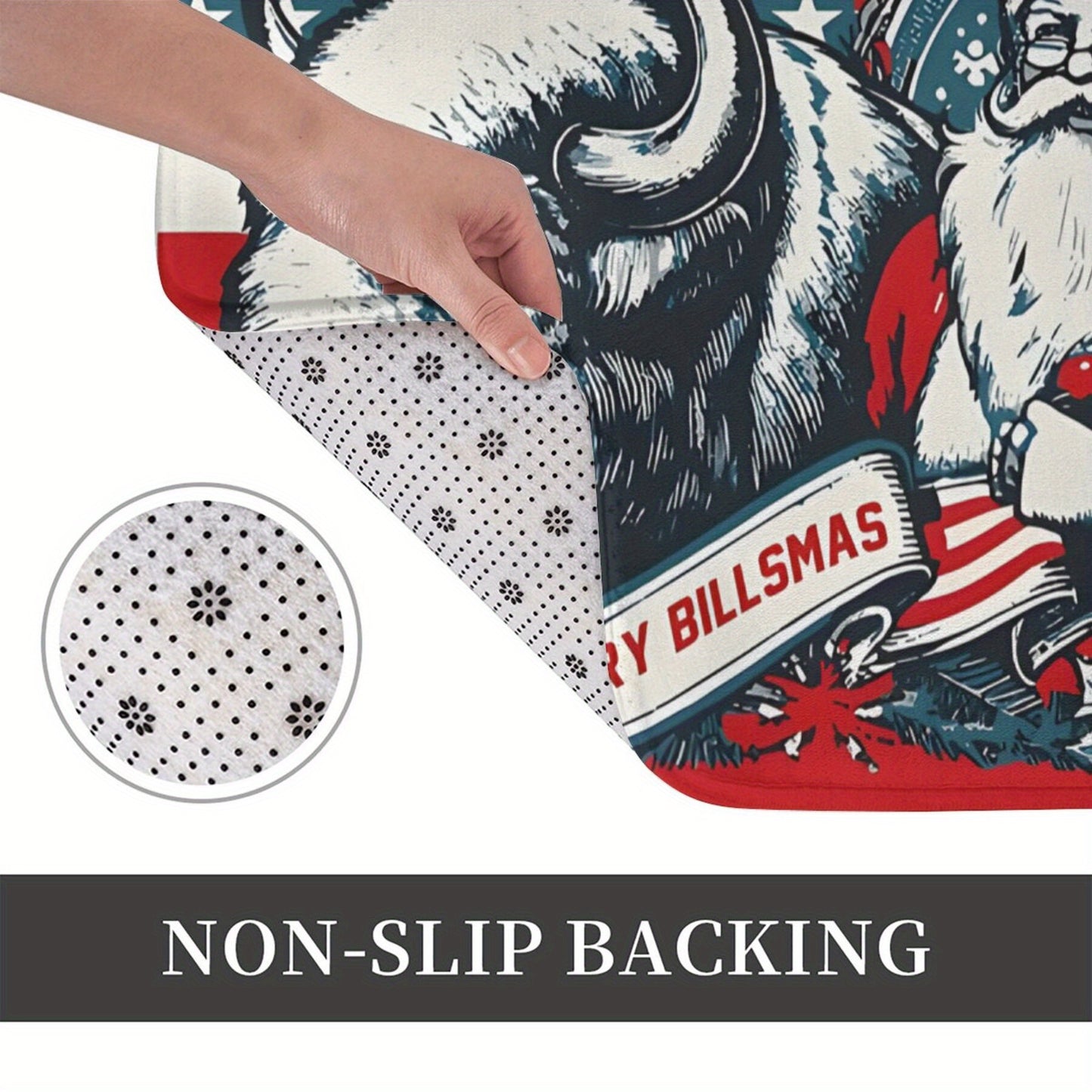 Merry Billsmas Santa & Buffalo Holiday Themed Doormat, Machine Washable, Non-Slip Backing, Polyester, Lightweight, Rectangle, Decorative Home Entrance Bath Mat