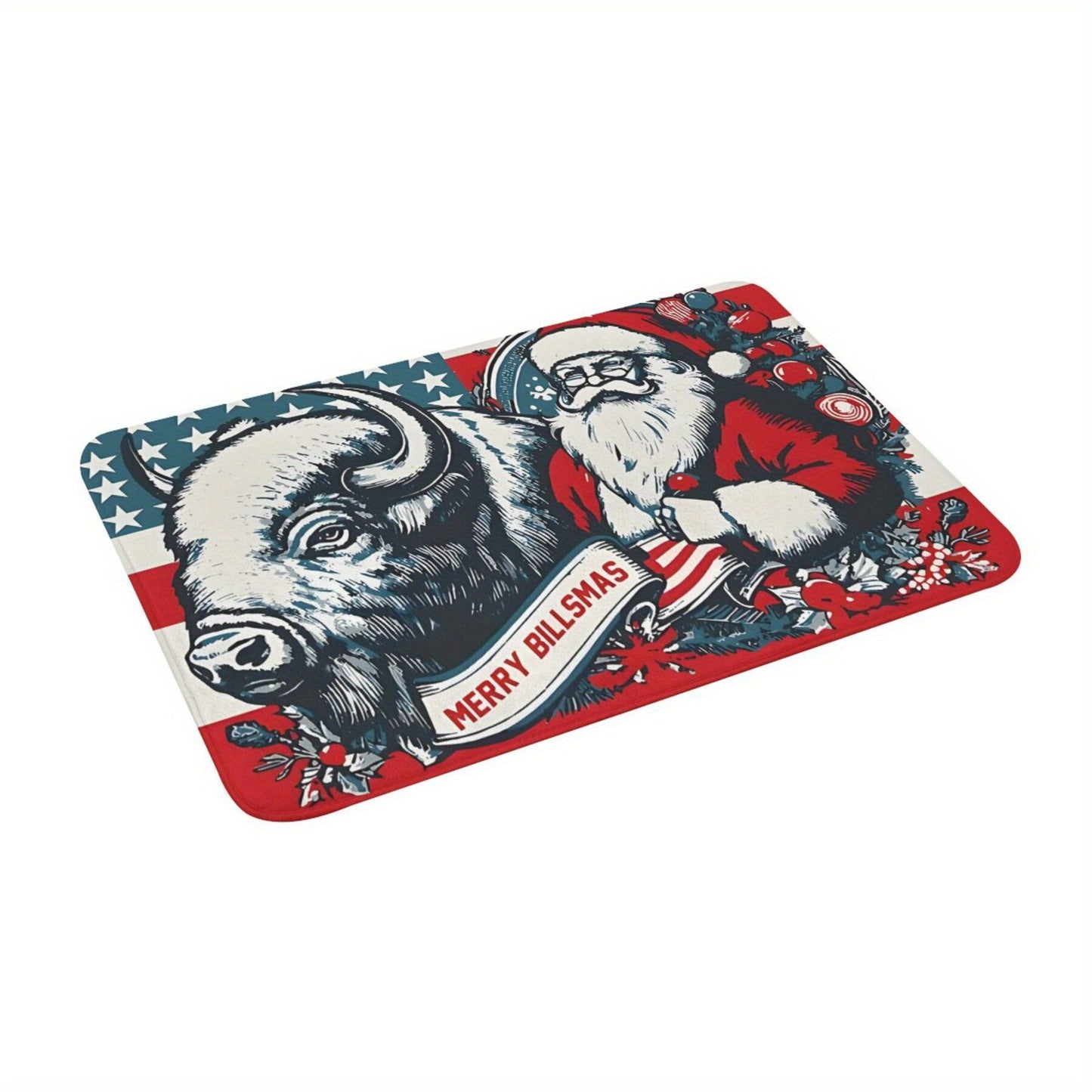 Merry Billsmas Santa & Buffalo Holiday Themed Doormat, Machine Washable, Non-Slip Backing, Polyester, Lightweight, Rectangle, Decorative Home Entrance Bath Mat