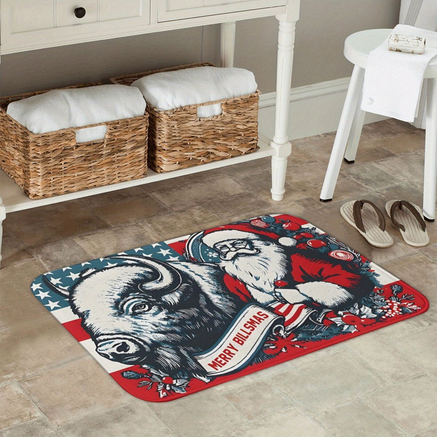 Merry Billsmas Santa & Buffalo Holiday Themed Doormat, Machine Washable, Non-Slip Backing, Polyester, Lightweight, Rectangle, Decorative Home Entrance Bath Mat