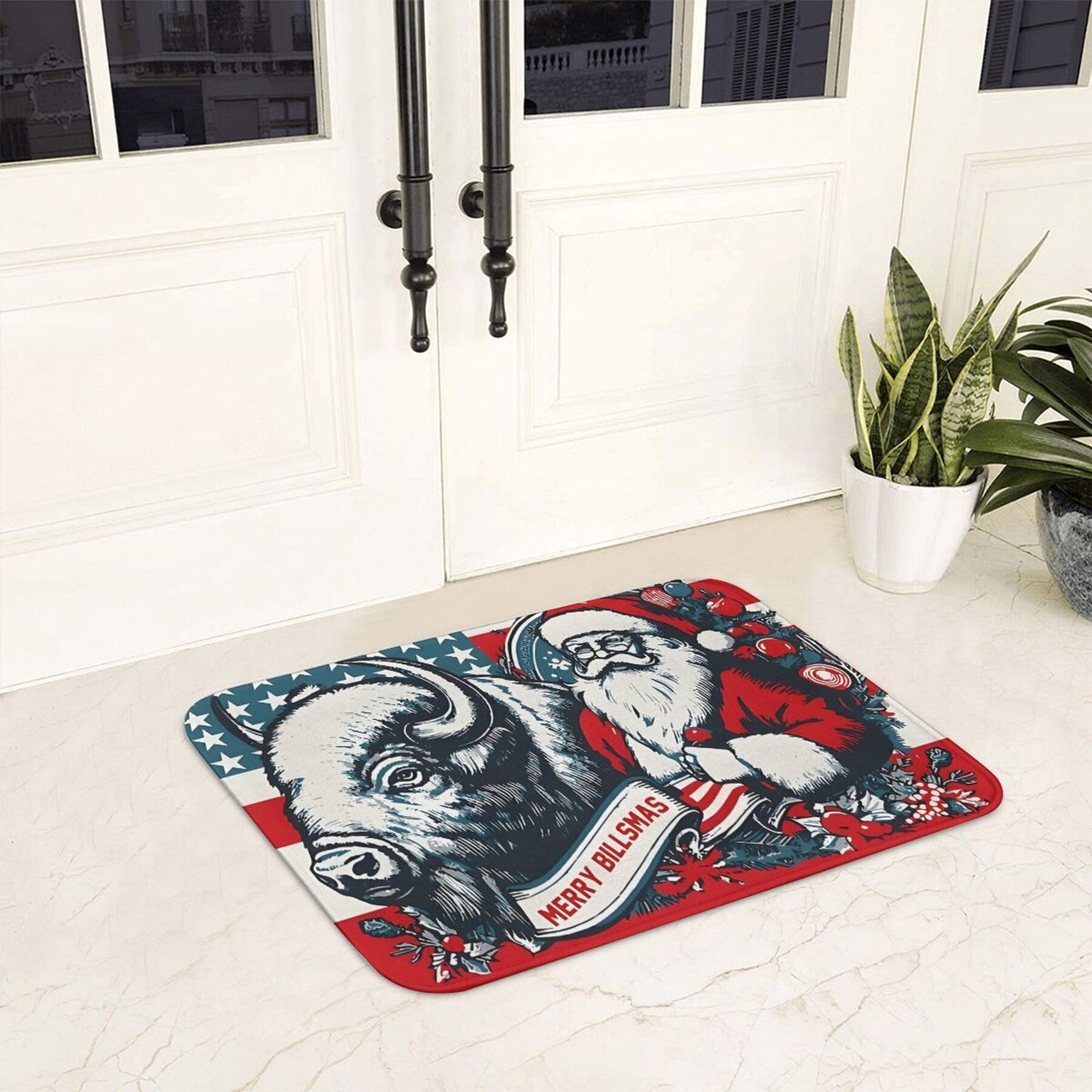 Merry Billsmas Santa & Buffalo Holiday Themed Doormat, Machine Washable, Non-Slip Backing, Polyester, Lightweight, Rectangle, Decorative Home Entrance Bath Mat