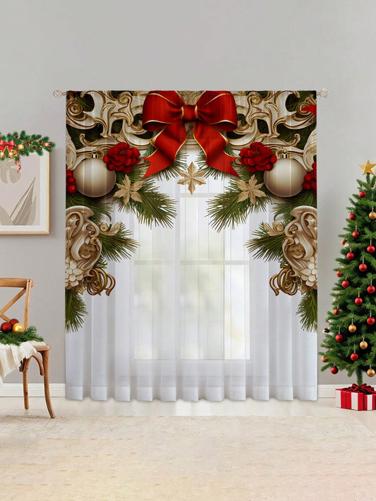 1pc Christmas Holiday Sheer Curtain With Balloons, Snowflakes, Christmas Tree, Ornaments, Printed Curtain Panels For Bedroom, Office, Kitchen, Living Room, Home Decoration Multicolor