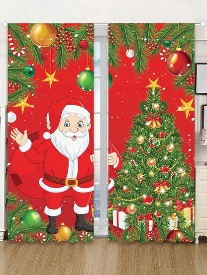 2pcs Christmas Style Window Long Curtains, Santa Claus&Christmas Tree Polyester Curtains For Bedroom, Merry Christmas Draperies For Home Living Room, Christmas Gifts, Christmas Decor, Noel Decor, Christmas Santa Claus