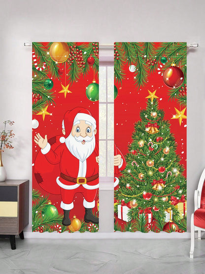 2pcs Christmas Style Window Long Curtains, Santa Claus&Christmas Tree Polyester Curtains For Bedroom, Merry Christmas Draperies For Home Living Room, Christmas Gifts, Christmas Decor, Noel Decor, Christmas Santa Claus