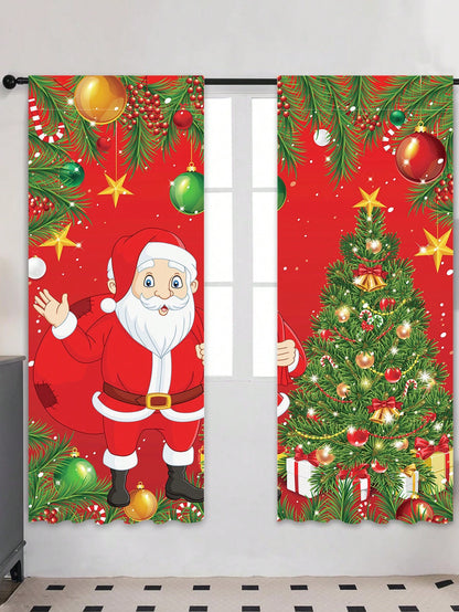 2pcs Christmas Style Window Long Curtains, Santa Claus&Christmas Tree Polyester Curtains For Bedroom, Merry Christmas Draperies For Home Living Room, Christmas Gifts, Christmas Decor, Noel Decor, Christmas Santa Claus