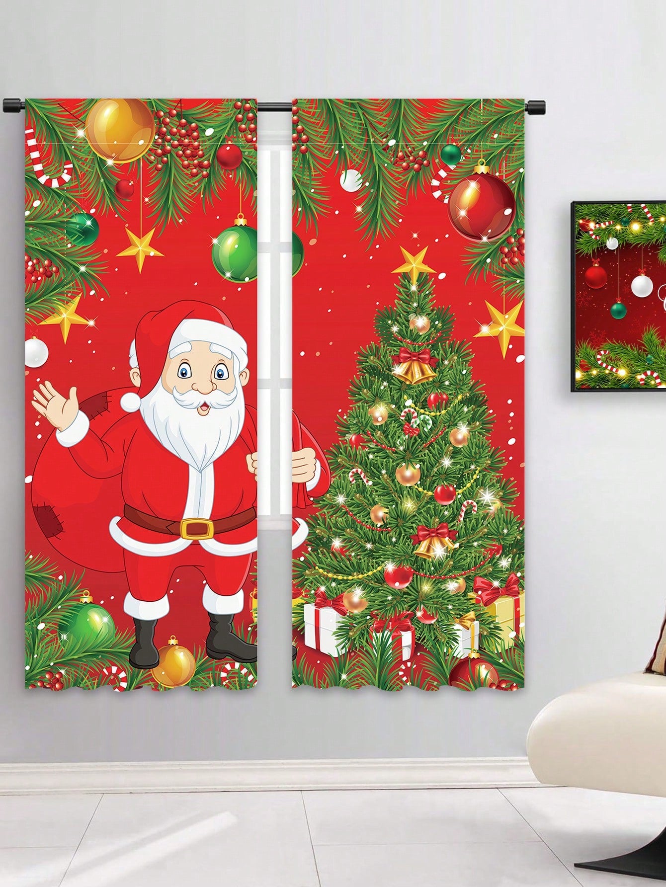 2pcs Christmas Style Window Long Curtains, Santa Claus&Christmas Tree Polyester Curtains For Bedroom, Merry Christmas Draperies For Home Living Room, Christmas Gifts, Christmas Decor, Noel Decor, Christmas Santa Claus