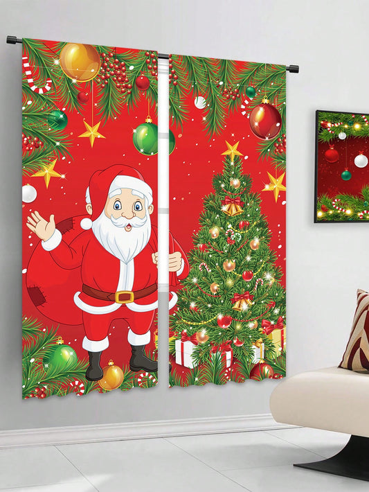 2pcs Christmas Style Window Long Curtains, Santa Claus&Christmas Tree Polyester Curtains For Bedroom, Merry Christmas Draperies For Home Living Room, Christmas Gifts, Christmas Decor, Noel Decor, Christmas Santa Claus