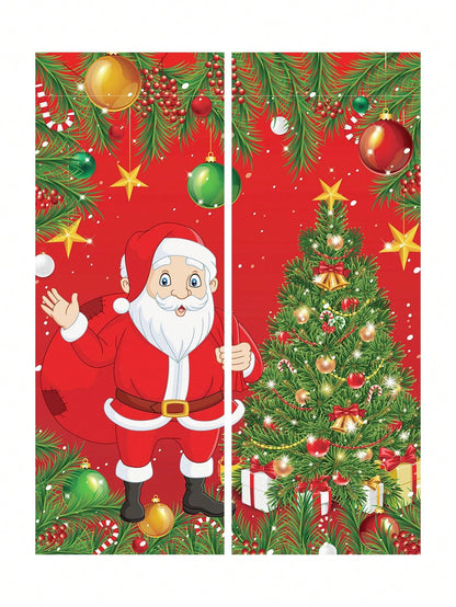 2pcs Christmas Style Window Long Curtains, Santa Claus&Christmas Tree Polyester Curtains For Bedroom, Merry Christmas Draperies For Home Living Room, Christmas Gifts, Christmas Decor, Noel Decor, Christmas Santa Claus