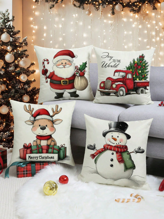 4pcs/Set Christmas Santa Claus, Car And Snowman Christmas Tree Decorative Pillow Case Cover, Modern Linen Fabric Hand-Painted Printed Cushion Cover For Sofa, Living Room, Without Pillow Inner Multicolor