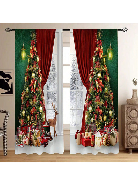 2pcs Christmas Tree & Gift Print Curtains, Red & Green Color, Suitable For Bedroom, Living Room And Balcony Decoration, All Seasons C