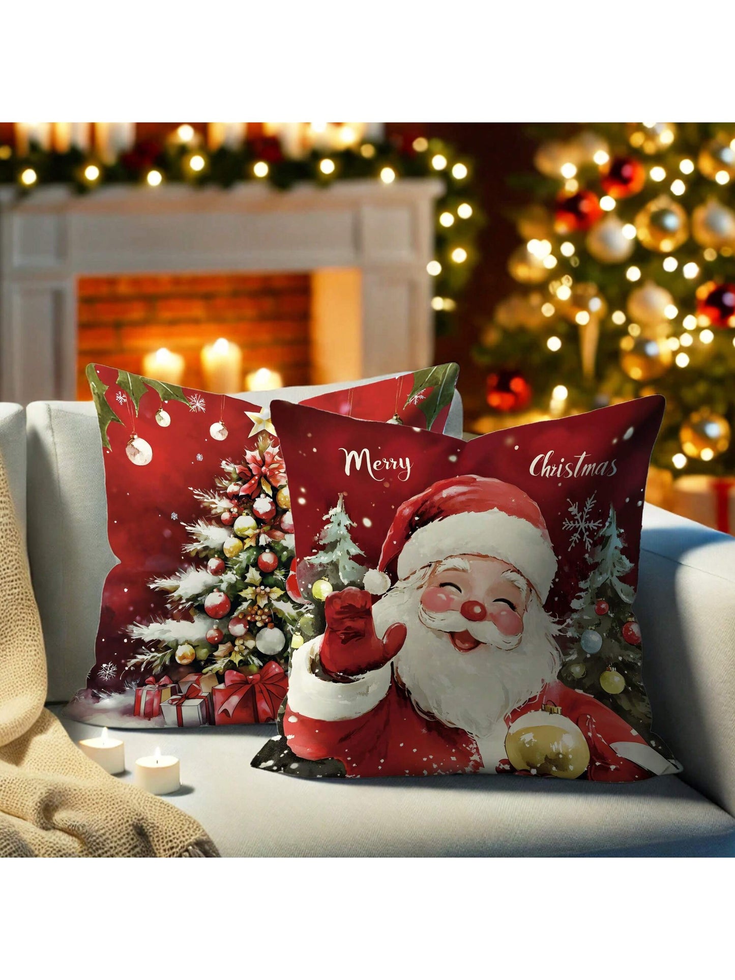 4pcs Christmas Santa Claus Snowman Tree Deer Velvet Throw Pillow Covers Cute Funny Red White Cosy Soft Decorative Pillowcases One Sided Printing 18in*18in For Xmas Winter Living Room Bedroom Sofa Bed Decor Without Pillow Inserts Green